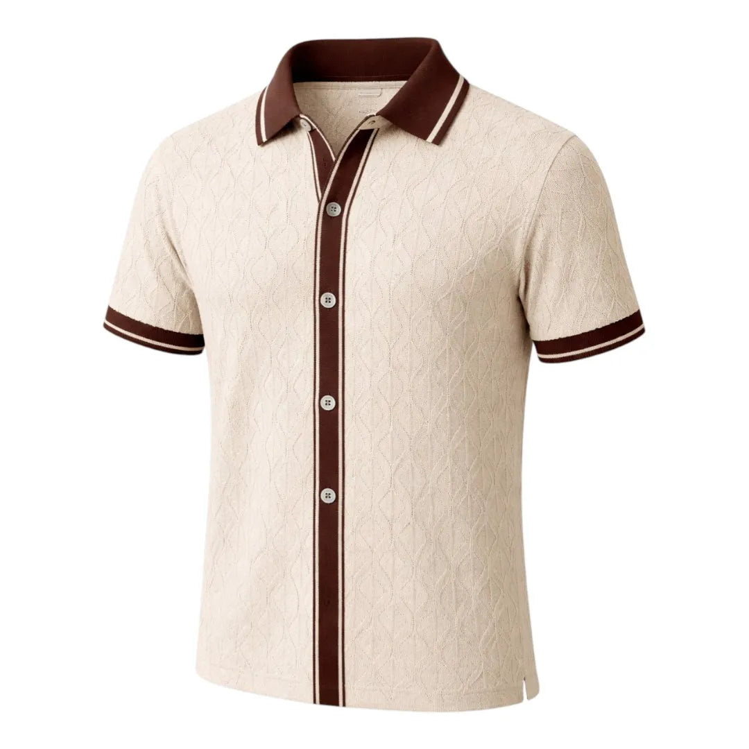 Brevil Stylish Button Front Shirt – Beige with Brown Contrast | Medium (M)