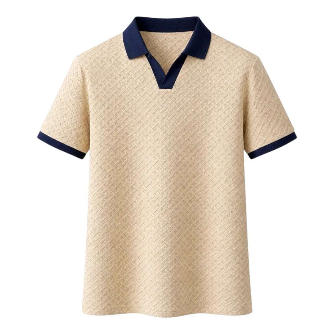 Brevil Modern Polo Shirt for Men – Beige & Navy Contrast | Regular Fit | Medium (M)