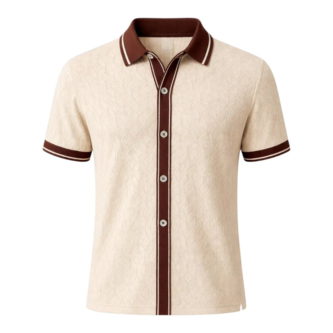 Brevil Stylish Button Front Shirt – Beige with Brown Contrast | Medium (M)